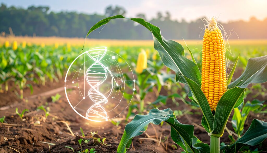 Corn field with DNA graphic