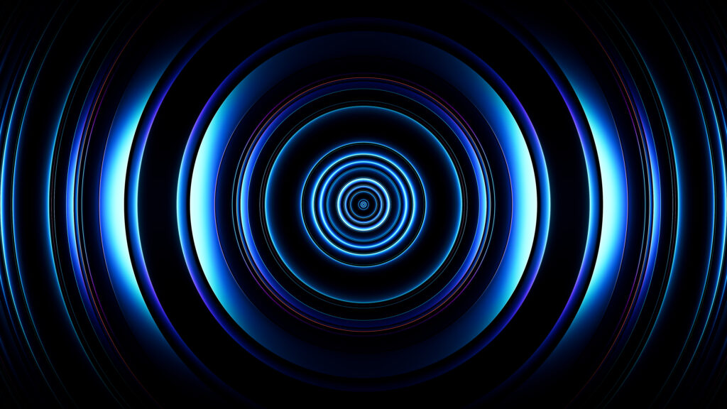 Blue neon singularity forming deep abstract circular vortex in dark space for technology concept. Glowing curved 3d lines spiral inward creating sense of motion and infinity for innovation visuals