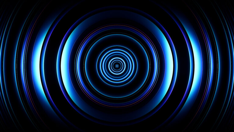 Blue neon singularity forming deep abstract circular vortex in dark space for technology concept. Glowing curved 3d lines spiral inward creating sense of motion and infinity for innovation visuals